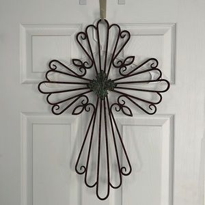 Metal cross home decor with teal & rust center